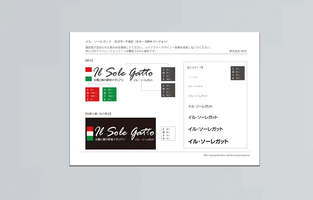 新宿イタリアンイル・ソーレガットのロゴの仕様書大